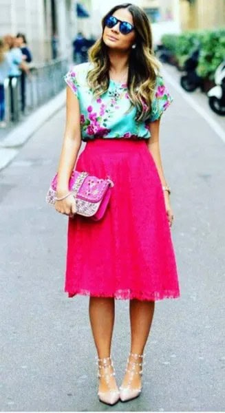 Light Blue Floral Print Silk Sleeveless Blouse with Hot Pink Midi Skirt