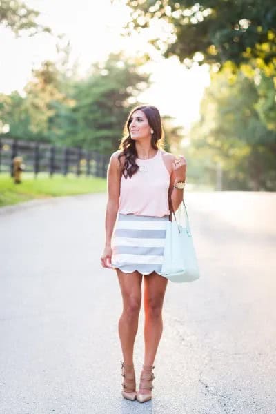 White Sleeveless Top with Pink Striped Scallop Skirt