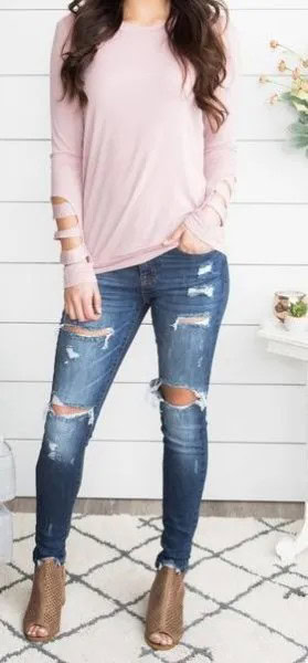 Light Pink Long Sleeve Tee with Dark Blue Ripped Jeans & Open Toe Boots