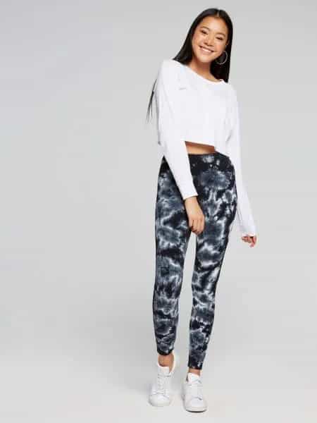 White Cropped Long Sleeve Tee with Black Tie Dye Leggings