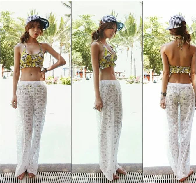 White Semi-Sheer Lace Wide Leg Beach Pants Over Yellow Bikini