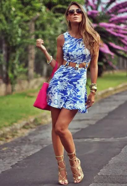 Belted Floral Printed Tank Dress with Pink Open Toe Heels