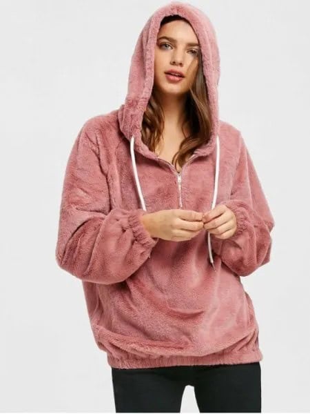 Pink Teddy Half Zip Hoodie with Black Skinny Jeans