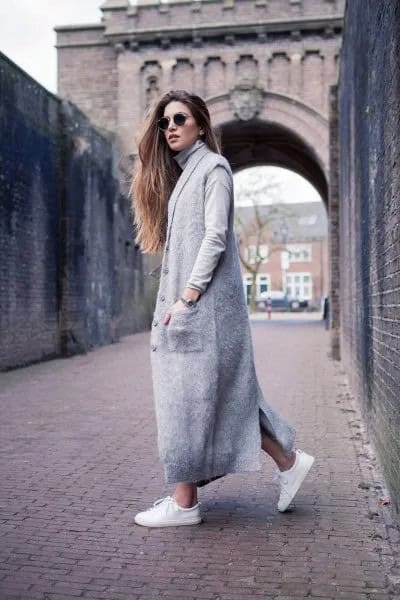 Maxi Grey Cashmere Cardigan with Denim Shorts & White Sneakers