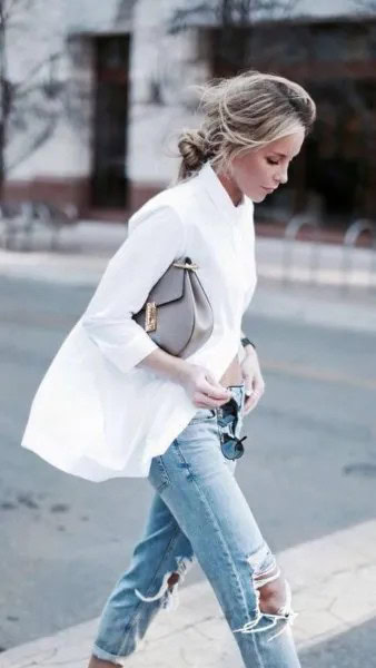 Oversized White Button Up Shirt with Ripped Knee Light Blue Jeans