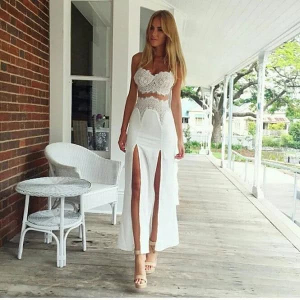 White Two-Piece Double Slit Prom Dress with Pink Heels