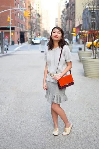 Light Grey Sweater with Matching Ruffle Hem Knee Length Skirt