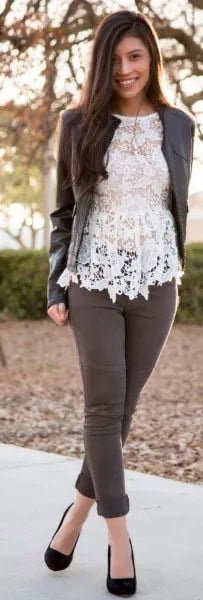 White Lace Top with Grey Leather Jacket