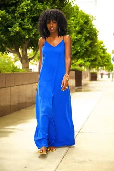 Royal Blue Maxi Tank Shift Dress with Flat Sandals