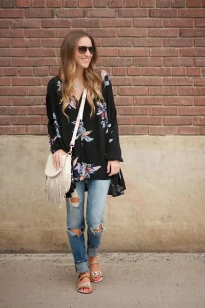 Black Printed Tunic Dress with Ripped Boyfriend Jeans