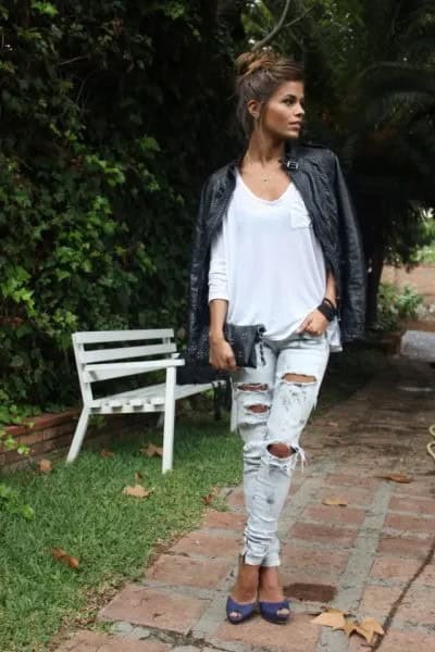 Black Leather Jacket with White Long Sleeve Linen Tee