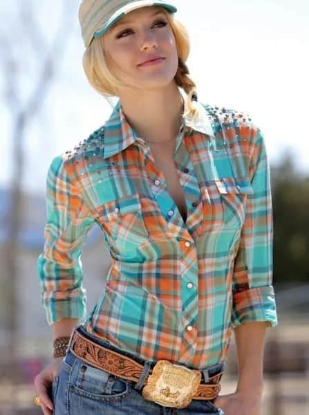 Gold Cowboy Belt with Orange and Pink Plaid Shirt