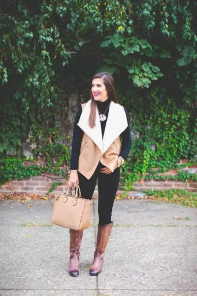 Camel and White Shearling Vest with Black Skinny Jeans & Knee High Boots