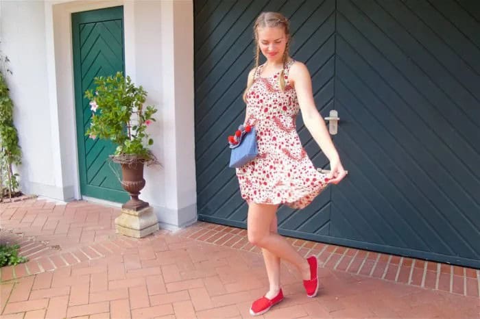 Red and White Tank Mini Dress with Blue Denim Clutch Bag