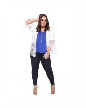 White Knit Fringe Shrug with Royal Blue Top