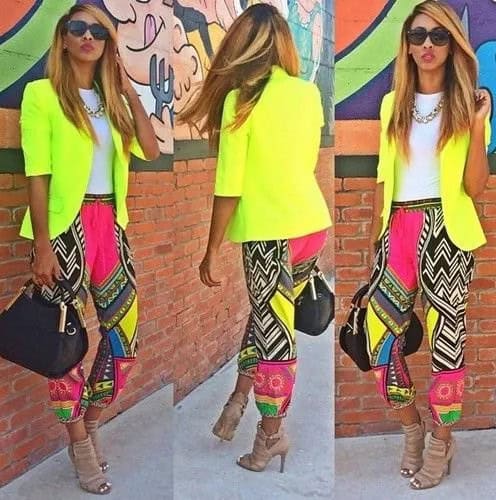 Lemon Yellow Blazer with Pink and Black Tribal Printed Pants