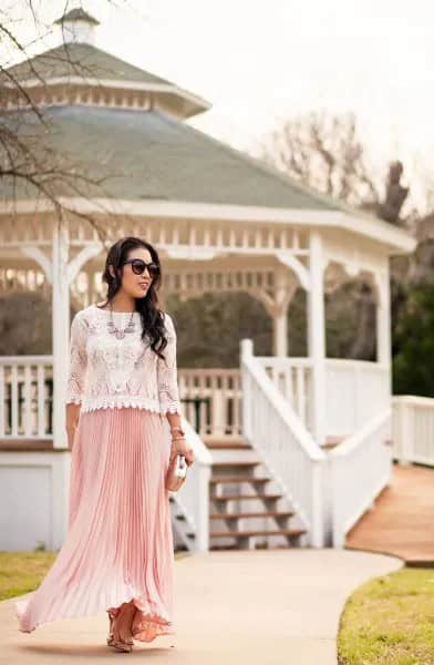 White Lace Scalloped Hem Sweater with Pink Pleated Maxi Skirt