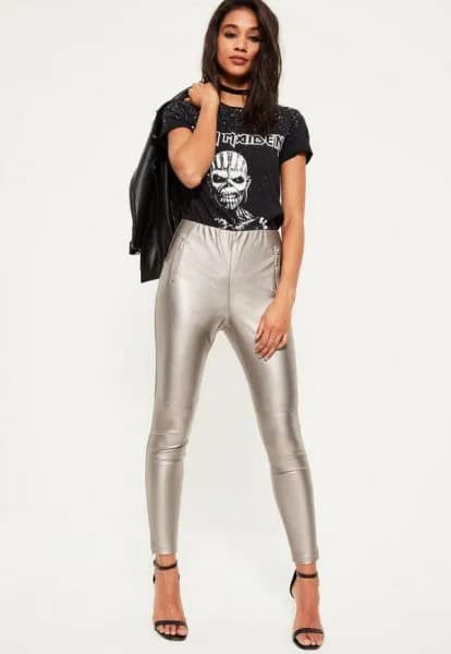 Black Print Tee with Leather Jacket & Silver Leggings