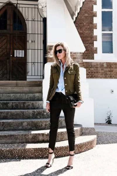 Green Military Blazer with Light Blue Chambray Shirt