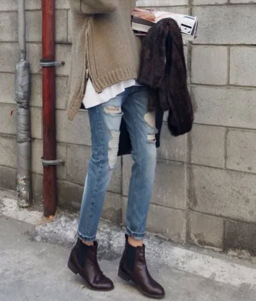 Grey Side Slit Sweater with Ripped Jeans & Black Leather Zipper Boots