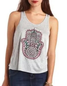 Grey Fitted Graphic Tank Top with Dark Blue Mini Denim Skirt