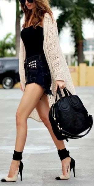 Black Denim Shorts with Vest Top & White Crochet Long Cardigan