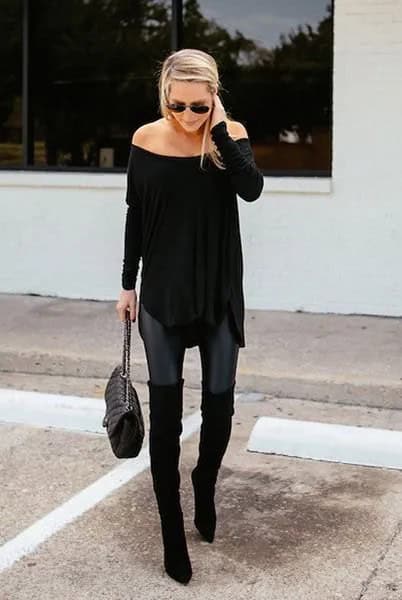 Black Off The Shoulder Tunic Blouse with Skinny Jeans & Long Flat Boots