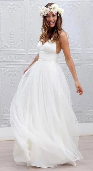 White Chiffon Floor Length Flowy Wedding Dress