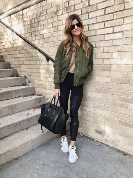 Green Bomber Jacket with Blush Pink Fitted Sweater & Running Tights