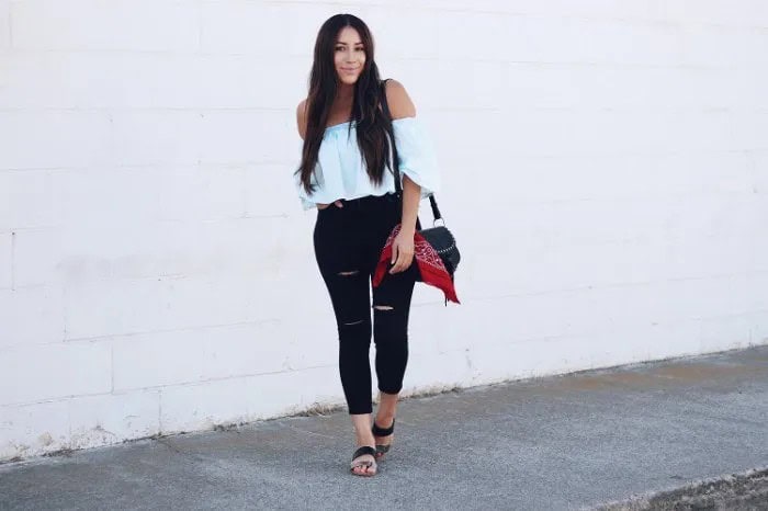 White Ruffle Top with Black Jeans and Sandals