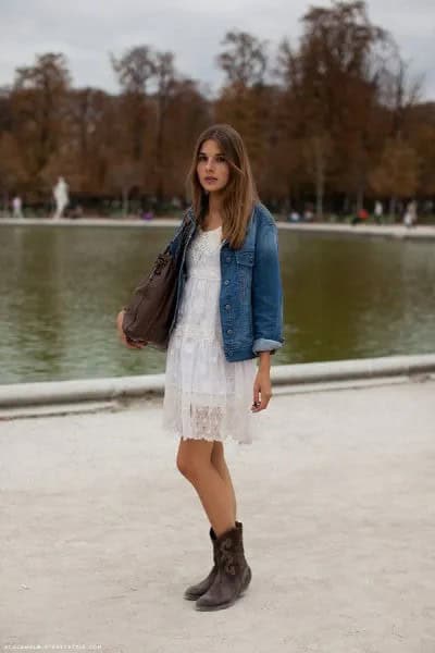 Boyfriend Denim Jacket with White Mini Lace Shift Dress