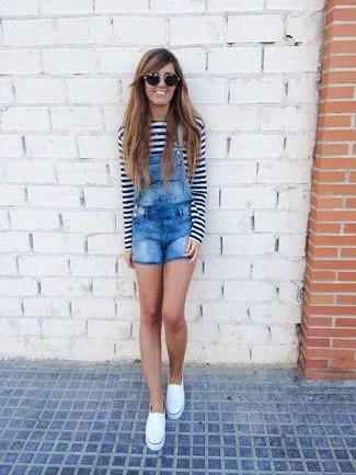 Black and White Striped Long Sleeve Tee with Denim Overall Shorts