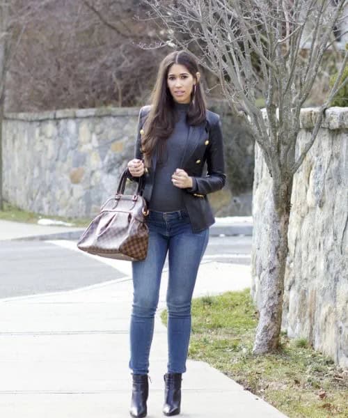 Black Leather Military Blazer with Grey Turtleneck Sweater