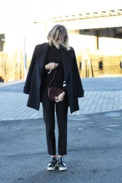 Black Wool Coat with Mock Neck Sweater & Leather Loafers