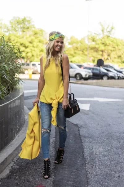 Yellow Sleeveless Knotted Top with Matching Blazer