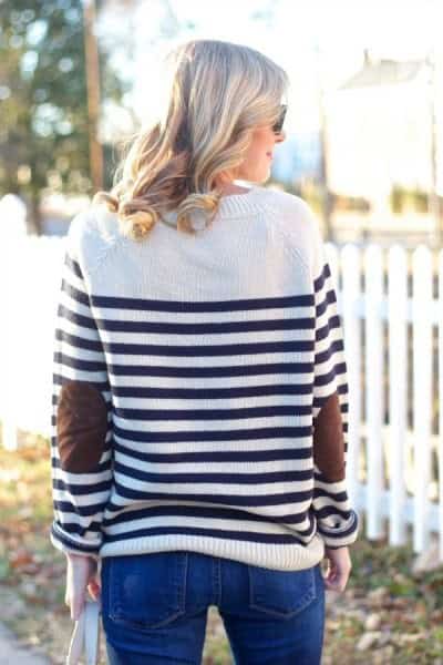 White and Black Horizontal Striped Knit Sweater with Jeans