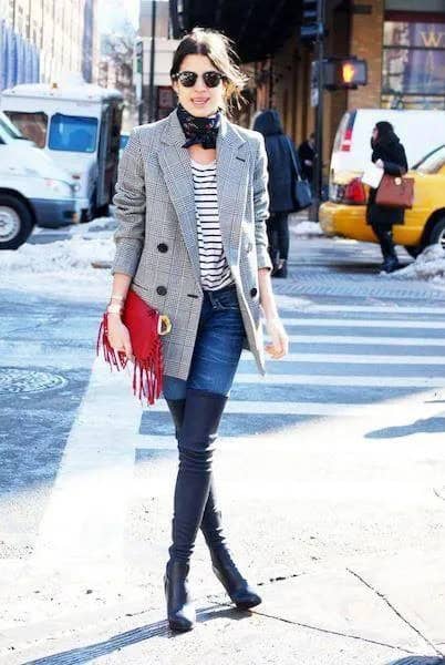 Grey Tweed Blazer with Black and White Striped Long Sleeve Tee