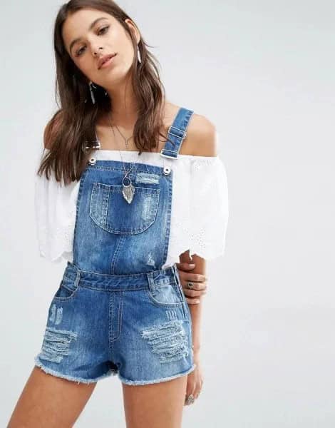 Denim Overall Shorts with White Off The Shoulder Blouse