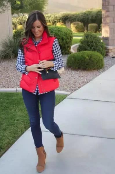 Black and White Checkered Button Up Boyfriend Shirt with Puffer Vest & Ankle Boots