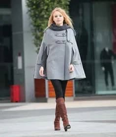 Grey Cape Coat with Black Leggings & Boots