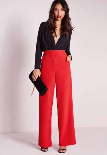 Black Deep V Neck Blouse with Red High Waisted Wide Leg Trousers