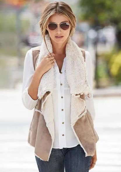 White Button Up Lace Shirt with Light Grey Shearling Vest