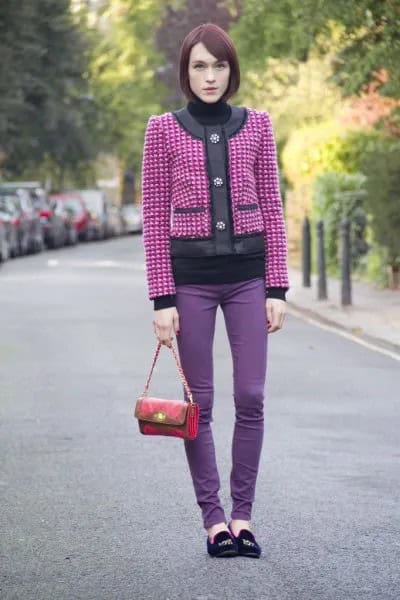 Pink and Silver Studded Jacket with Purple Skinny Jeans