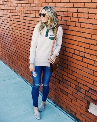 White Quarter Zip Oversized Pullover with Blue Ripped Jeans