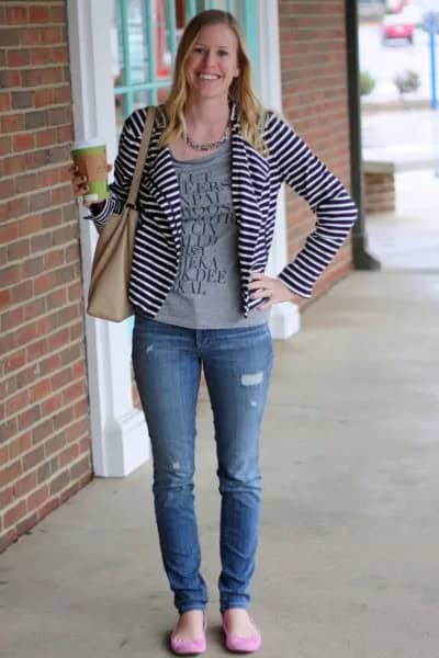 Casual Black and White Striped Blazer with Grey Print Tee