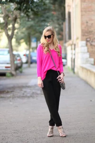 Pink V Neck Sweater with Black Chinos