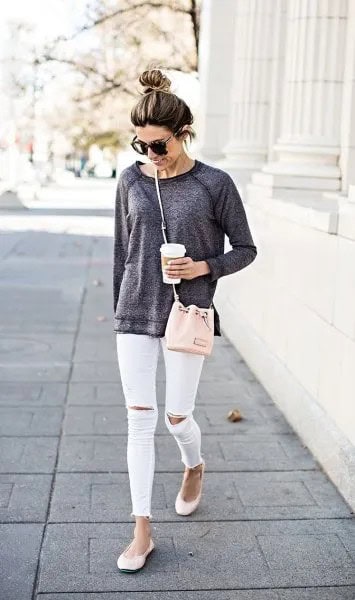 Heather Grey Chunky Sweatshirt with White Ripped Skinny Jeans