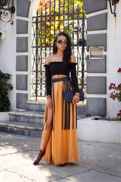 Black Off The Shoulder Top with Gold Maxi Skirt