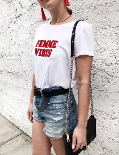 White and Red Graphic Tee with Blue High Rise Ripped Denim Shorts