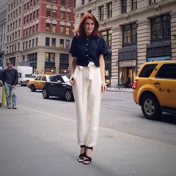 Black Button Up Shirt with White Tie Waist Wide Leg Silk Pants